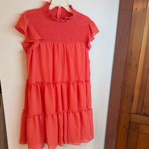Bleecker 126 Smocked Tiered Ruffled Coral Midi Dress, 14- Summer, Girlhoodcore